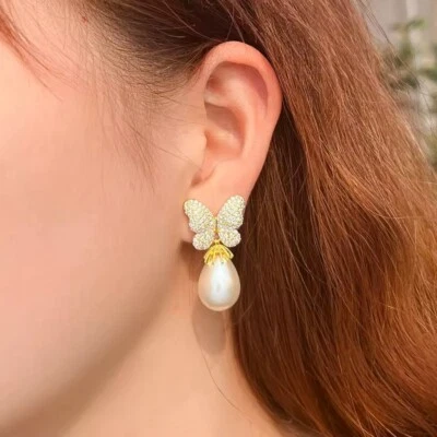 Diamond Pave Butterfly Pearl Earrings (lab-created) - Image 1 of 4