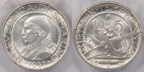 San Marino 1937 R 5 Lire PCGS MS 63 PI0168 combine shipping Cover