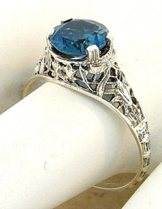 GENUINE LONDON BLUE TOPAZ 925 STERLING SILVER ANTIQUE STYLE FILIGREE RING   #928 - Picture 1 of 3