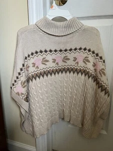 Janie And Jack Girls Poncho Beige Pink Floral Cable Knit Sweater Sz 8 - Picture 1 of 6