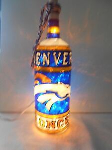 Denver Broncos Inspired Bottle Lamp Hand painted Lighted Stained Glass Look