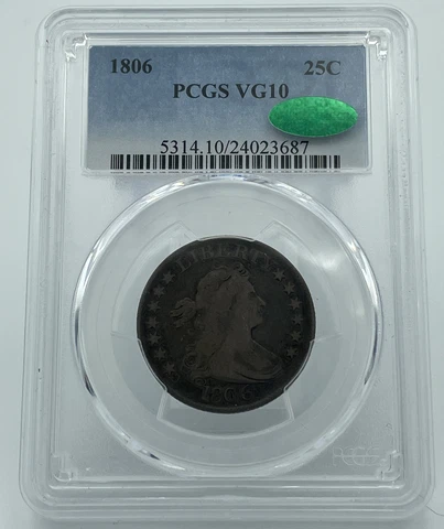 1806 PCGS & CAC VG10 Draped Bust Quarter 25C Cover