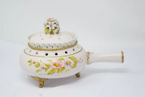 Vintage Antique Capodimonte Italy Lidded Dish Cooking Bowl w Handle Floral Decor - Picture 1 of 8