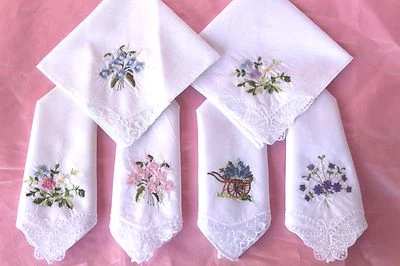 Lace Handkerchiefs LOT SIX Cotton Hankies Women's 6 Floral Embroidered White New - Image 1 of 4