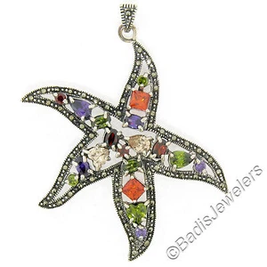 Sterling Silver Multi Gemstone & Marcasite LARGE Starfish Pendant w/ Chain - Picture 1 of 4