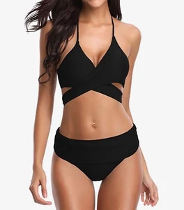 NWT Shekini Womens Sexy Wrap/Tie Bikini Swimsuit Two Piece, Black, sz Lg - Picture 1 of 10