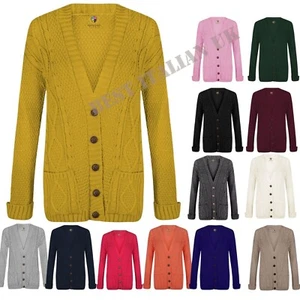 Ladies Women Chunky Winter Long Sleeve Aran Cable Knitted Granddad Cardigan - Picture 1 of 29