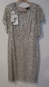 Papell Studio Womens Sz 14 Flutter-Sleeve Sheath Beaded Dress Silver Elegant - Picture 1 of 7