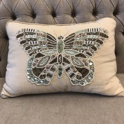 Pier 1 Butterfly Decorative Pillow With Beading And Sequins Ivory/Beige - Image 1 of 4