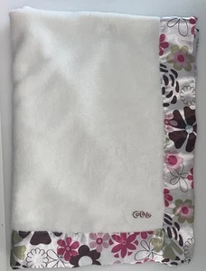 Cocalo Baby Blanket White Plush Satin Pink Green Brown Flower Trim - Picture 1 of 3