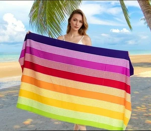 Toalla de playa ultra suave de gran tamaño a rayas arco iris - colores vibrantes arco iris, rápida - Imagen 1 de 25