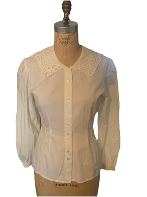 De Colección Años 90 Laura ASHLEY Blanco Botón Frontal Top Cuello Encaje Romántico Victoriano Foto 1 de 4