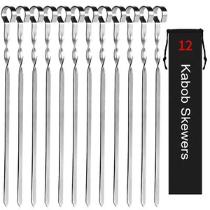 14" Stainless BBQ Flat Skewers 12pcs Metal Kebab Sticks with Bag - Picture 1 of 7