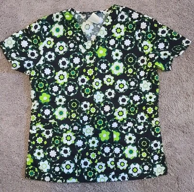 NWOT Sanibel Scrubs V-Neck Scrub Top Black Green White FLowers Size Small - Image 1 of 4