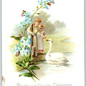 c1880s Christmas Trade Card Bright & Glad Poem Cute Feeding Swan Xmas Floral C35 - Bild 1 von 3
