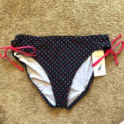NEW NWT NAUTICA Navy Blue White Red Polka Dot USA Bow Tie Side Bikini BOTTOM 8 - Image 1 of 4