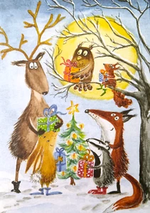Cartolina Natale Bosco Animali Albero Regali Renna Gufo Luna - Foto 1 di 1