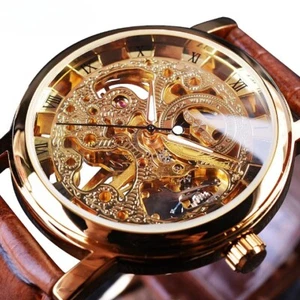 Herren Mechanische Skelettuhr Männer Lederband Transparentes Gehäuse Armbanduhren - Bild 1 von 14