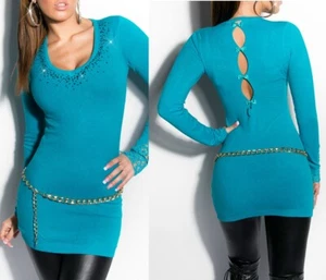 Sexy Miss Ladies V Long Jumper Rhinestone Fine Knitting Mini Dress - Picture 1 of 18