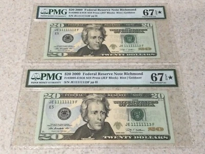 2009 $20 Consecutive Near Solid Serial No’s PMG 67 EPQ* JE11111112F/JE11111113F - Image 1 of 4