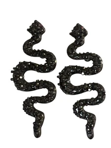 Orecchini Serpente Serpente Nero Glitterato Design Pendente Dichiarazione Pezzo Evento - Foto 1 di 7