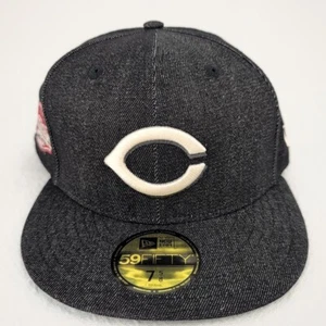 NEW ERA 5950 FITTED HAT CINCINNATI REDS BLACK DENIM CAP SIDE PATCH ASG 7-5/8 - Picture 1 of 5