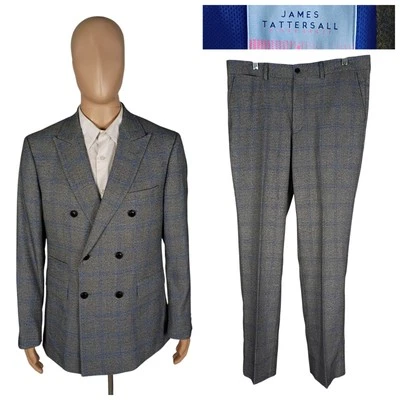 James Tattersall Kings Cross Gray Double Breasted Blue Check Suit 42L 35X34 - Image 1 of 4