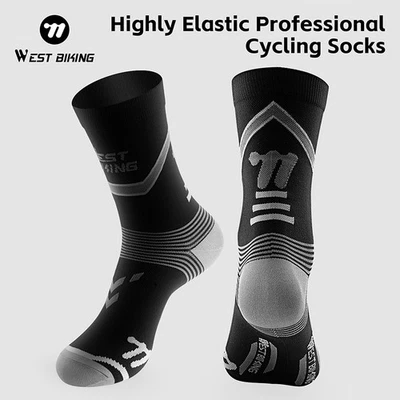 WEST BIKING Cycling Socks Breathable Compression Sports Football Socks Black - Image 1 of 4