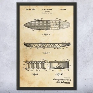 1950 Surf Board Patent Wall Art Poster, Canvas or Framed Beach Art Garage Decor - Picture 1 of 15