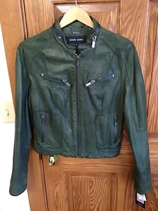 CHAQUETA MOTO CUERO REMACHE NEGRO MUJER MEDIANA VERDE OLIVA NUEVA CON ETIQUETAS - Imagen 1 de 5