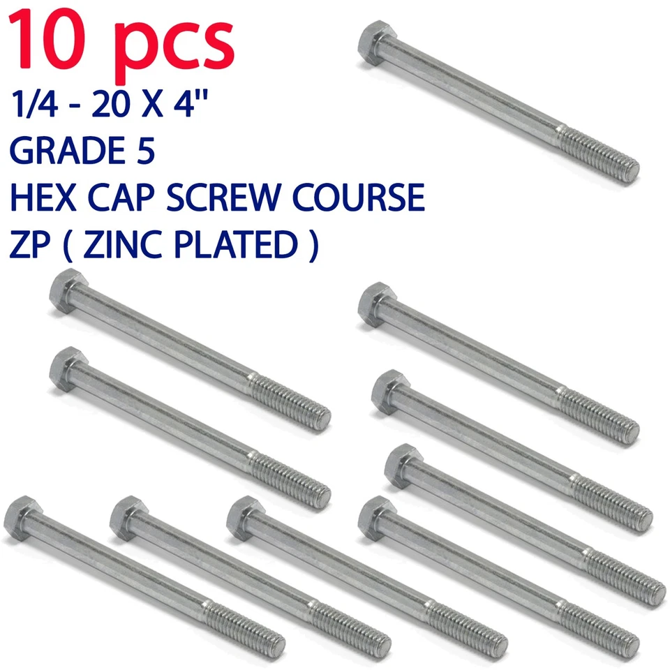 KG USA 1/4-20 X 4 Hex Head Cap Screws Grade 5 Steel 1/4-20 hex head bolts - PACK OF 10