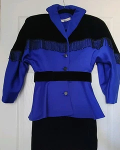 80s Vtg Victor Costa Blue Satin Black Velvet Blazer Skirt Suit Beaded Fringe - Picture 1 of 17