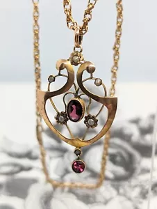Edwardian Garnet & Pearl Lavaliere 9ct Gold Necklace Pendant Original Chain 5.9g - Picture 1 of 18