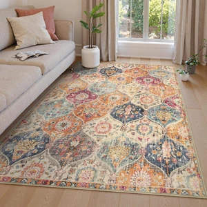 Moroccan Trellis Washable Area Rug 5x7 Non Slip Carpet for Living Room Bedroom - Picture 1 of 12