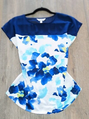 Charming Charlie Top Womens Small Blue Short Sleeve Floral Print Colorful BOHO - Image 1 of 4