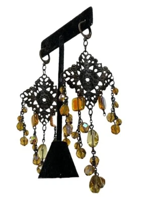 Pierced Bronze Filigree Earrings Yellow Crystal Bead Chandelier Dangle 4" - Image 1 of 4