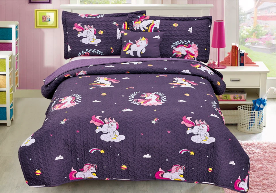 Purple Unicorn 4 Pcs Twin / Full Size Kids Boys Girls Quilt/ Shams/ Cushion Set - Image 1 of 1
