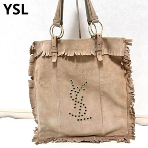 YSL Kahala Tote bag handbag beige fringe YSL logo suede leather Used Ex+ Auth JP - Picture 1 of 9