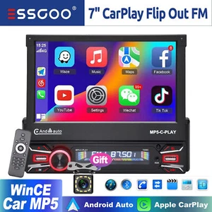 Flip Out CarPlay/Android Auto Touch Screen 7'' Single 1 Din Car Stereo Head Unit - Picture 1 of 15