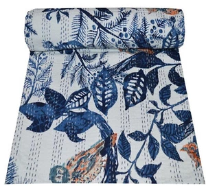 Blue Animal Printed Indian Vintage Bedspread Throw Cotton Blankets Kantha Quilt - Picture 1 of 5