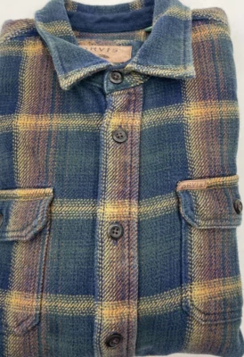Orvis Men's Large Heavy Weight Flannel Blue Gold Plaid Button Up Shirt/Shacket - Imagem 1 de 4
