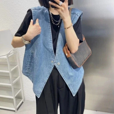 Women Denim Waistcoat Vest Gilet Sleeveless Coat Jacket V-neck Cardigan - image 1 of 4