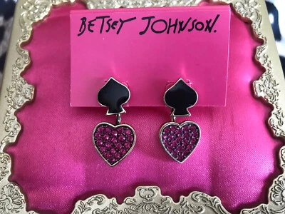 Betsey Johnson Casino Royale Pink Heart Black Spade Peekaboo Front Back Earrings - Image 1 of 4