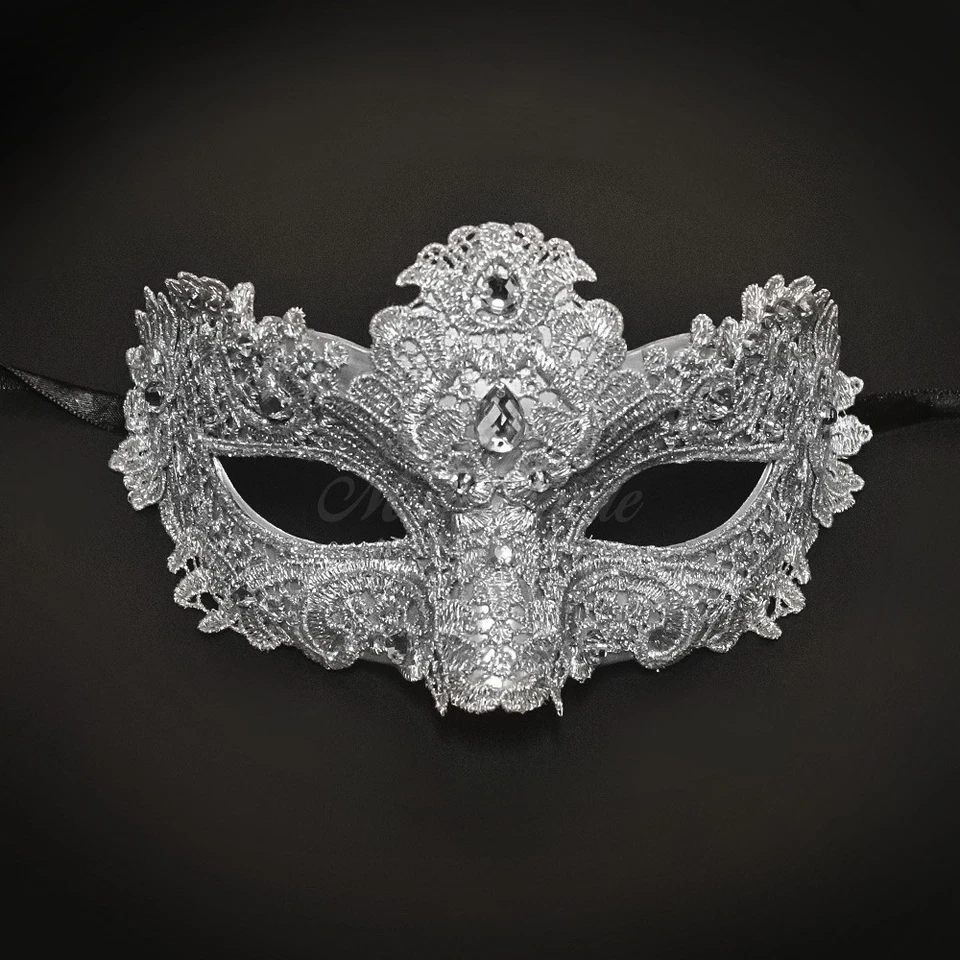 Brocade Lace Masquerade Mask Embellished with Gems for Women SILVER - Image 1 of 4