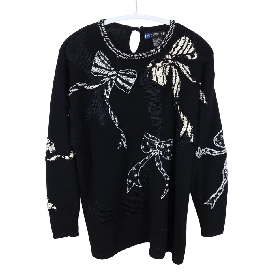 复古串珠蝴蝶结套衫毛衣 L 码带肩垫 Whimsigoth 羊毛 — 第 1/4 张图片