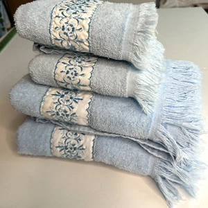 Toalla de mano de baño vintage Cannon Royal Family azul floral bordado flecos 4 piezas - Imagen 1 de 14