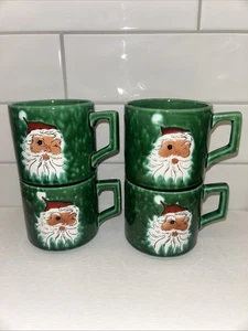 RARE Green Vintage Lefton Winking Santa Claus Cocoa Coffee Mugs Cups Set Four - Picture 1 of 11