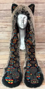 Authentic SpiritHoods Grey Wolf Warrior Aztec Print Faux Fur Spirit Hood Hat - Picture 1 of 7