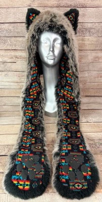 Authentic SpiritHoods Grey Wolf Warrior Aztec Print Faux Fur Spirit Hood Hat - Image 1 of 4