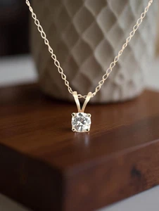 COLLAR SOLITARIO ORO AMARILLO 14K MACIZO VINTAGE 4mm CZ COLGANTE 16" #8133 - Imagen 1 de 6